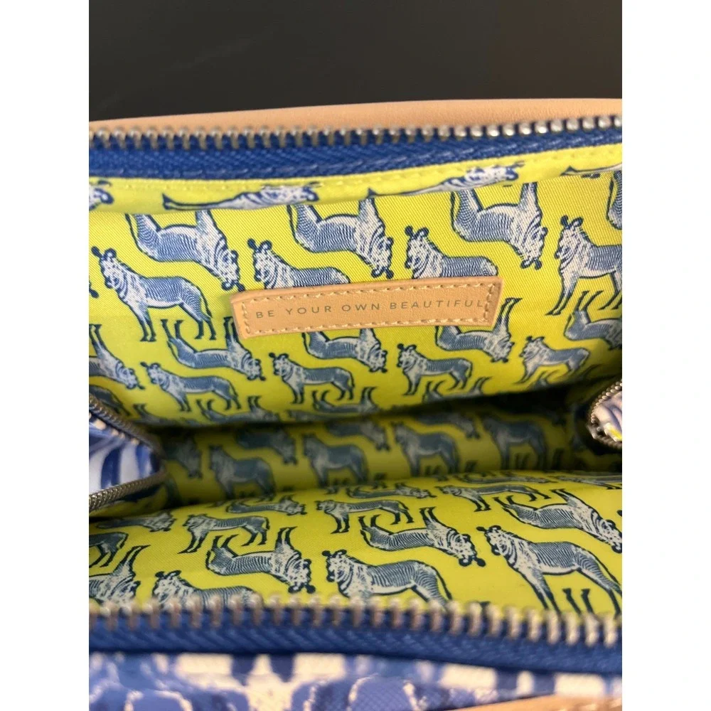 Stella & Dot Blue Ikat Makeup‎ Cord Pouch Travel Bag Yellow Zebra Lining